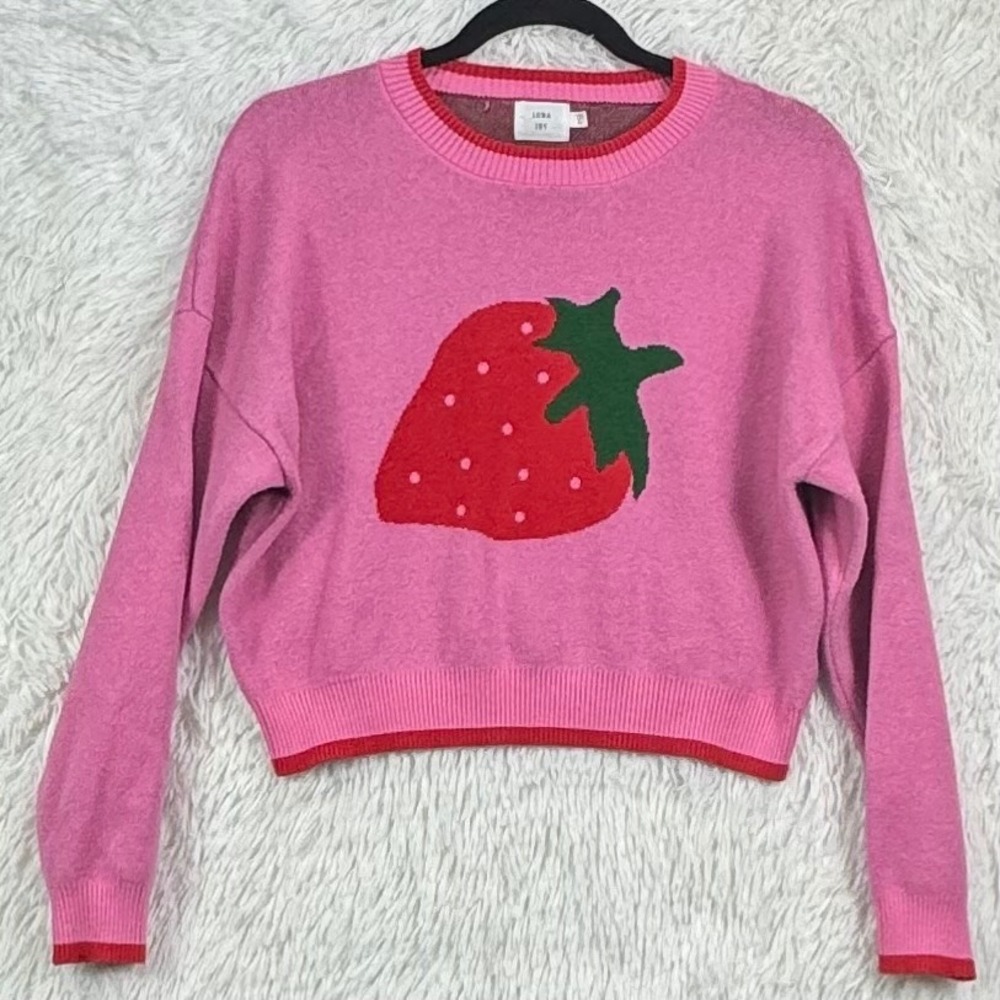 Luna Ivy Pink Strawberry Cropped Sweater XS
